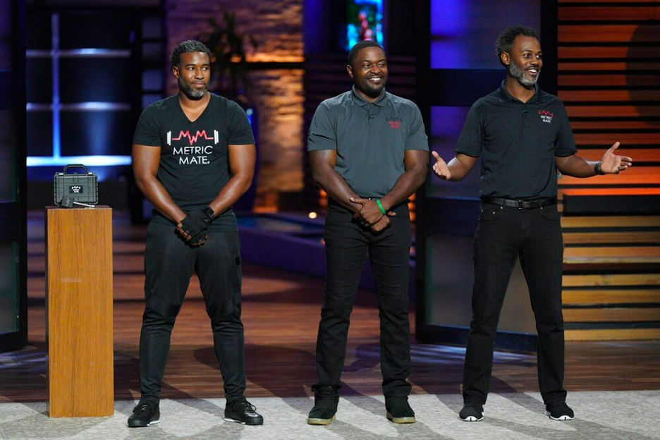Metric Mate Co-founders make their pitch on Shark Tank during the Jan. 13, 2023 episode. L-R: Braxton Davis, M-T Strickland, Ecleamus Ricks, Jr. Metric Mate Co-founders make their pitch on Shark Tank during the Jan. 13, 2023 episode. L-R: Braxton Davis, M-T Strickland, Ecleamus Ricks, Jr.